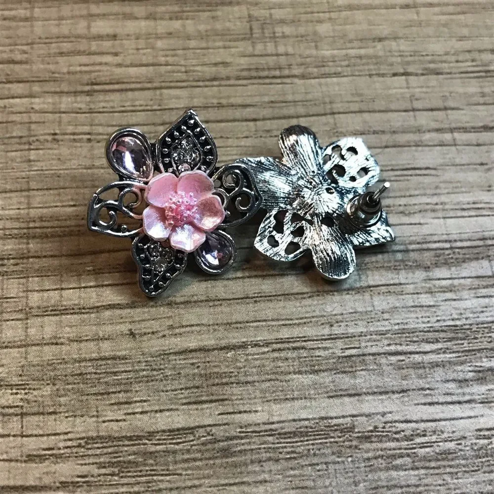 Vintage Floral Pink and Silver Rhinestone Petal Flower Earrings